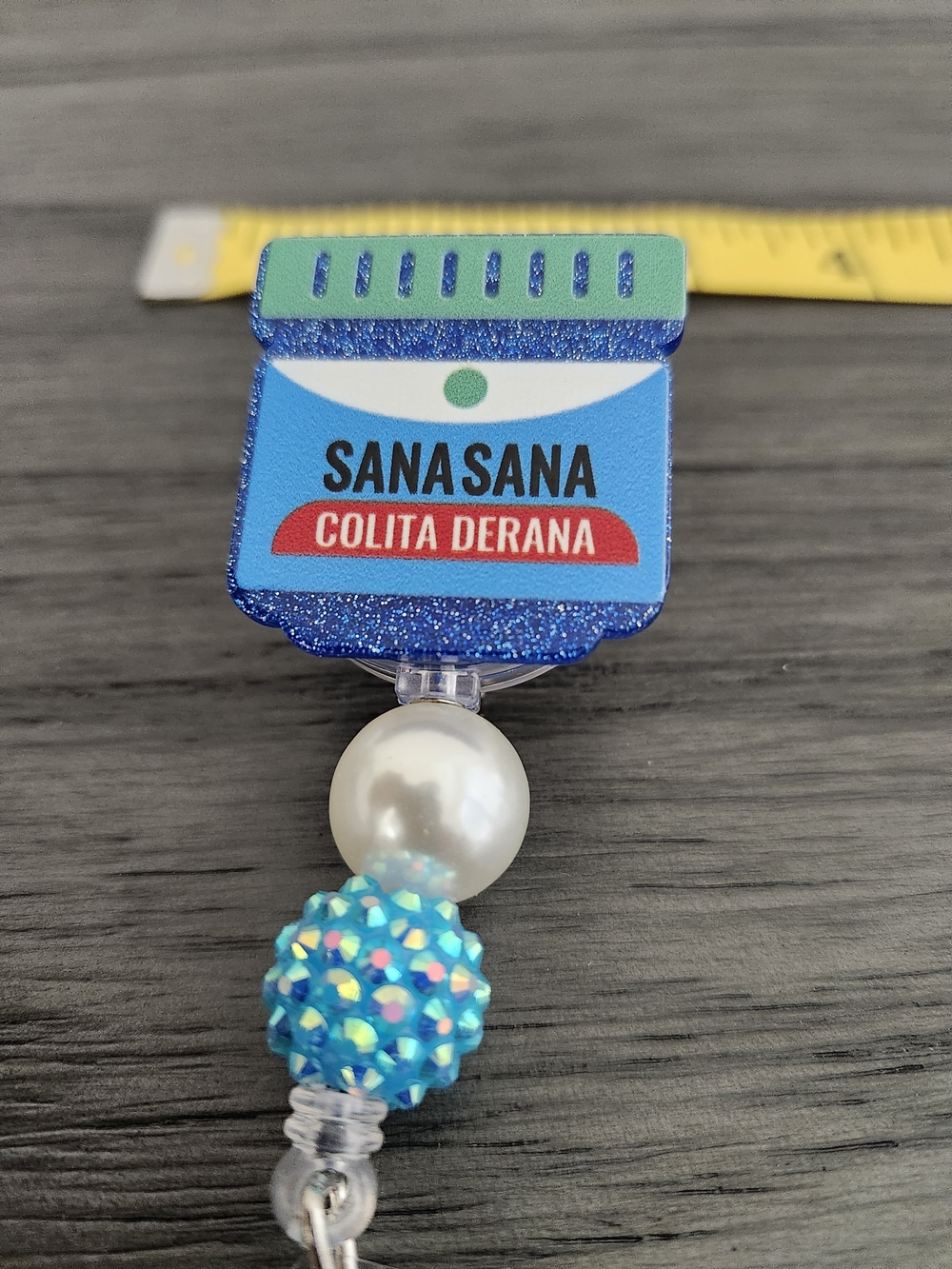 Blue Glitter Sana Sana Retractable Badge Reel with Pearl & Rhinestone Beads